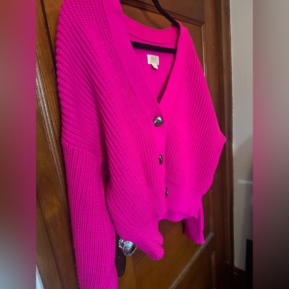 Vibrant Fuchsia V-Neck Button Cardigan Sweater - Picture 5 of 7